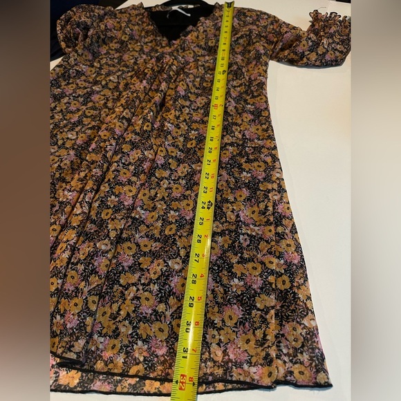 Zara Shift Dress Yellow/Pink/Black Ditsy Floral Dress V-Neck Long Sleeve Size M - Picture 5 of 6